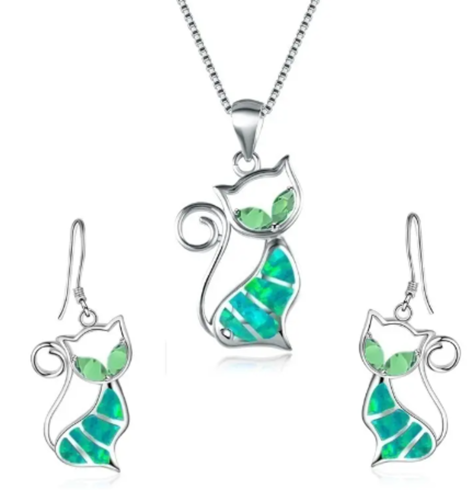 Opal Cat Necklace and Earring Set