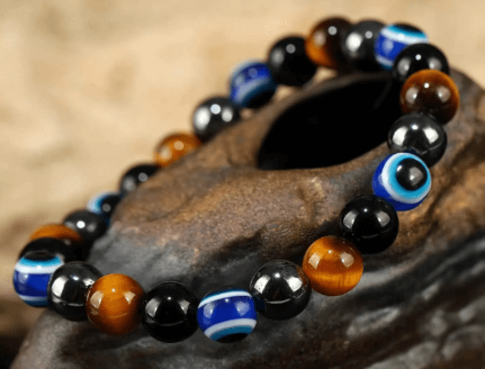 Black Obsidian-Tiger Eye-Hematite Evil Eye Bracelet